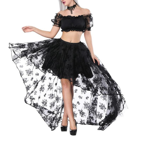Black Lace Skirt Set Floral Crop Tops