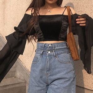 Women Off Shoulder Crop Black Blouse