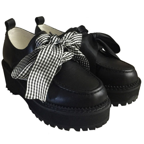 Plaid Ribbon Bow Thick Sole Shoes