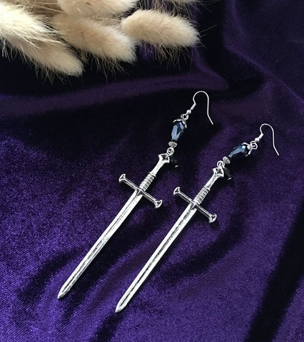 Black Crystal Sword Earrings Silver Gothic Earrings